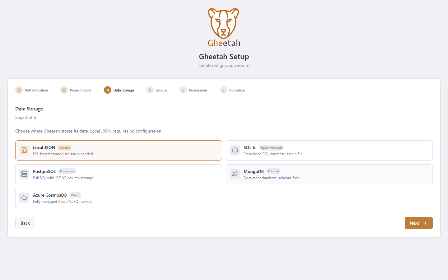 Choosing where Gheetah stores its data during the first installation