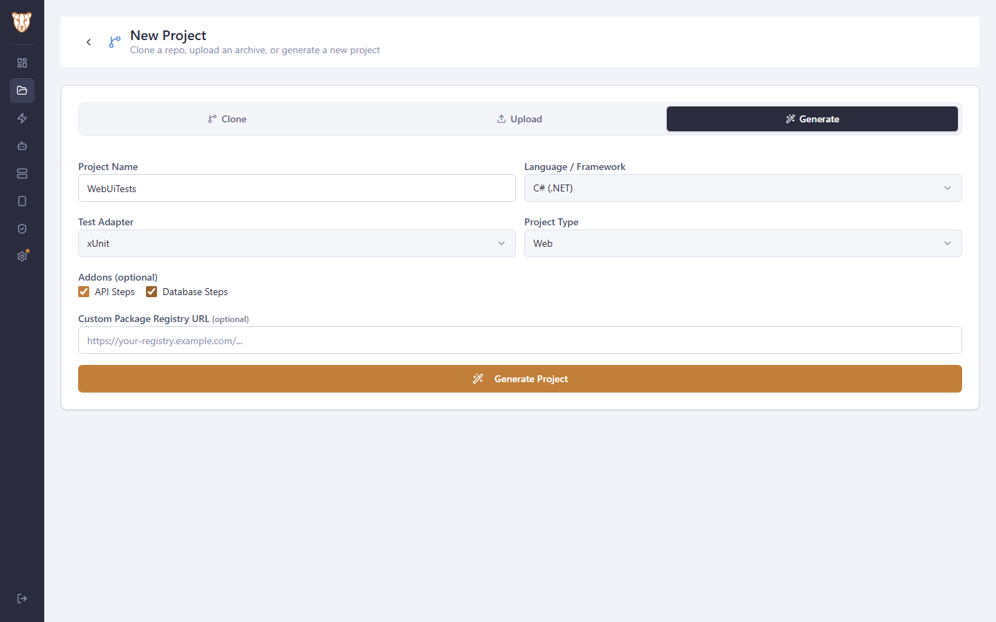 Generating a project: name, language, test adapter, project type and optional API and database step libraries