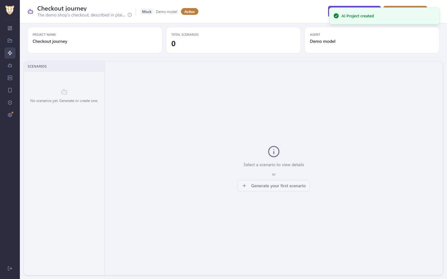 A codeless AI project open on its scenarios, with Generate Scenario ready to write the first one